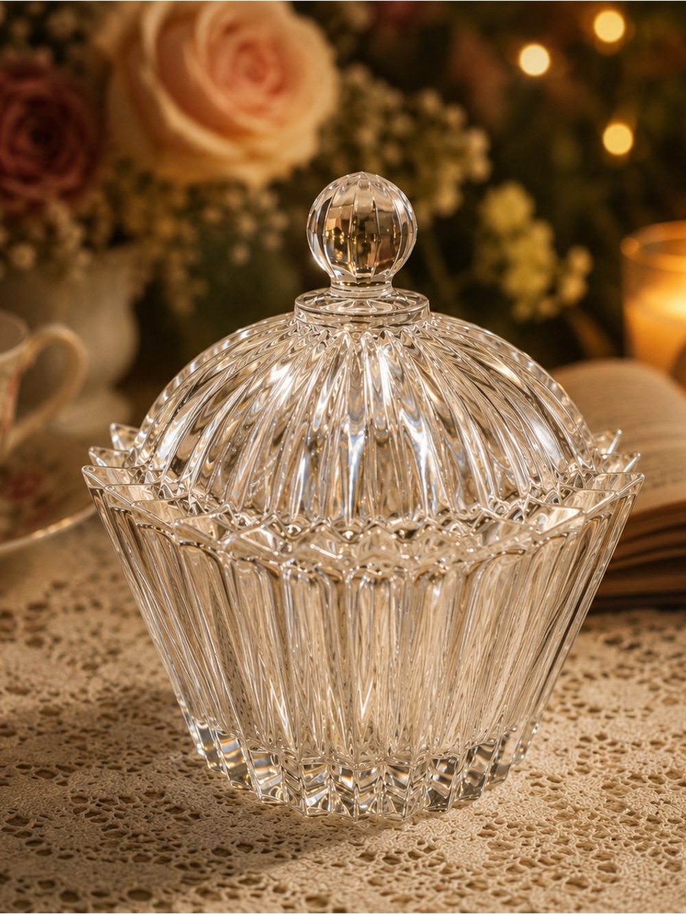 Clear Pressed Glass Cupcake Trinket Box Covered Vanity Jar Lid